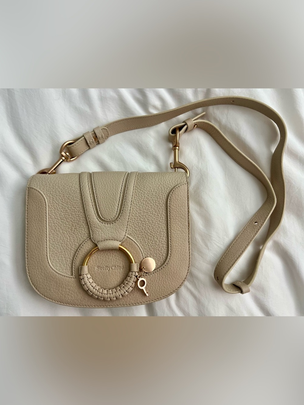 See By Chloe Taupe Pebbled Leather Crossbody with Braided Ring